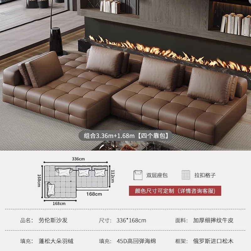 grand canapé angle cuir marron moderne coussins salon appartement luxe