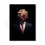 Bouquet de fleurs colorées dissimulant le visage d'un homme en costume sombre.
