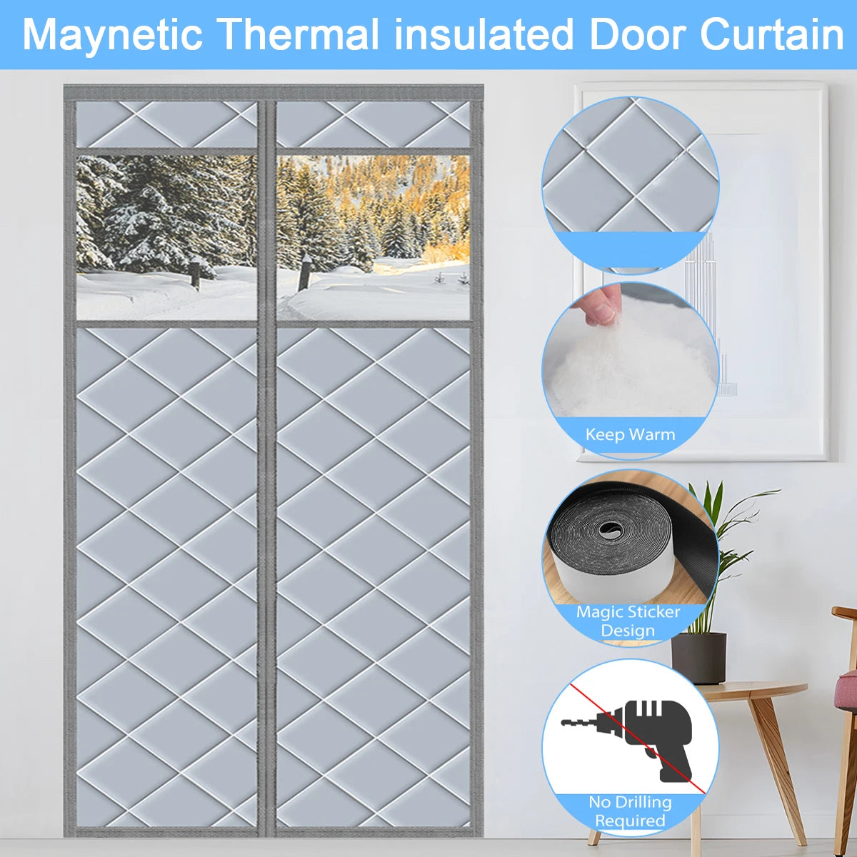 rideau porte gris quilted adhésif moderne isolation hiver épaissi multicouche automatique