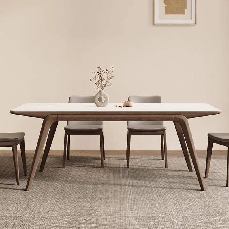 table manger moderne rectangle plateau blanc structure bois chaises gris decoration minimaliste blanc bois