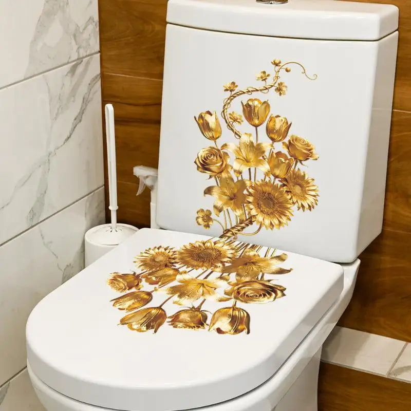 cache siège toilette blanc doré fleurs feuilles adhésif salle bain élégant classique deco intérieure