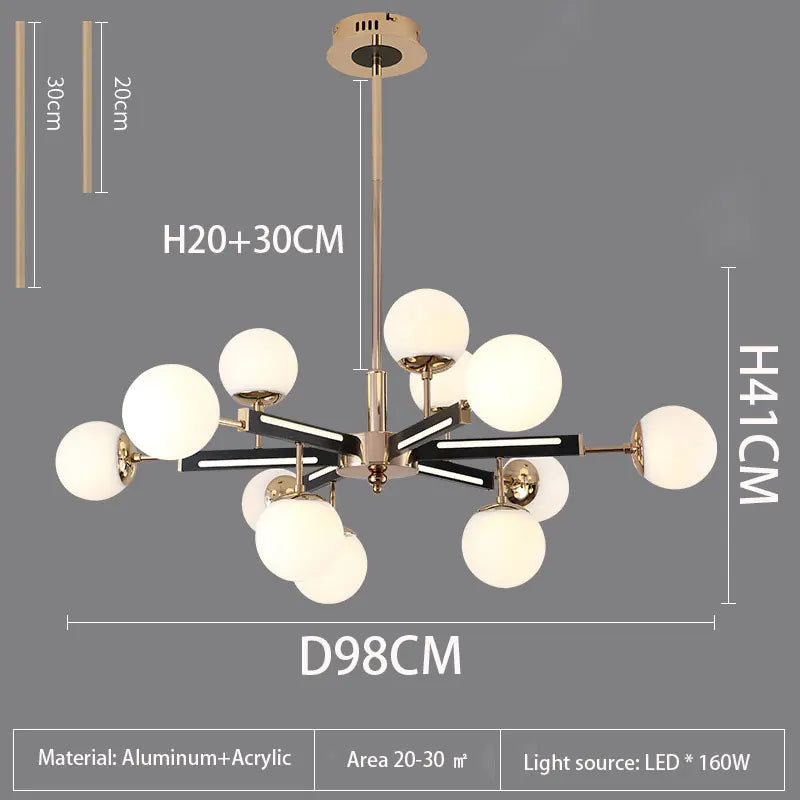 suspension lumineuse moderne or noir blanc sphères translucides structure métallique fixée lumière led