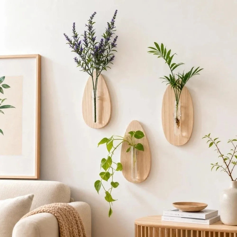 vase mural bois naturel transparent moderne minimaliste décoration murale fleurs vertes