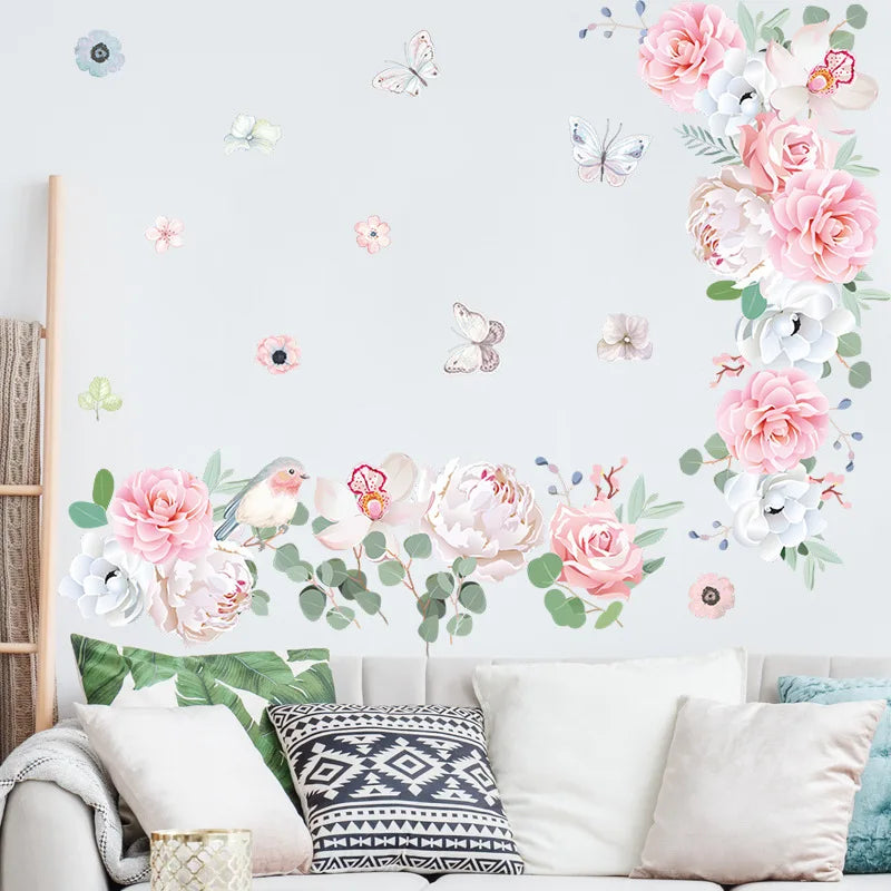 sticker mural floral romantique fleurs roses blanches feuilles vertes papillons oiseau aquarelle chambre décoration