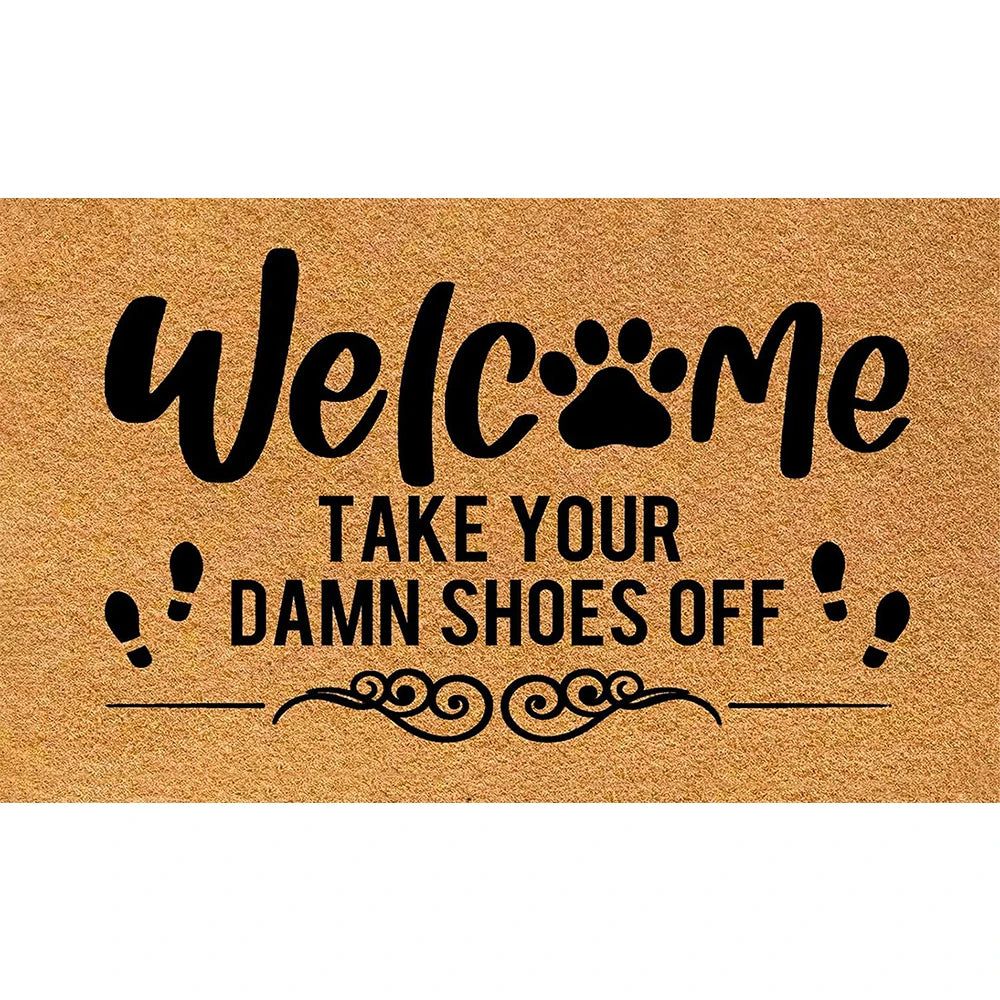 tapis d'entrée antidérapant marron clair imprimé welcome empreintes chien résistant moderne sol