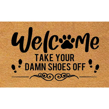 tapis d'entrée antidérapant marron clair imprimé welcome empreintes chien résistant moderne sol