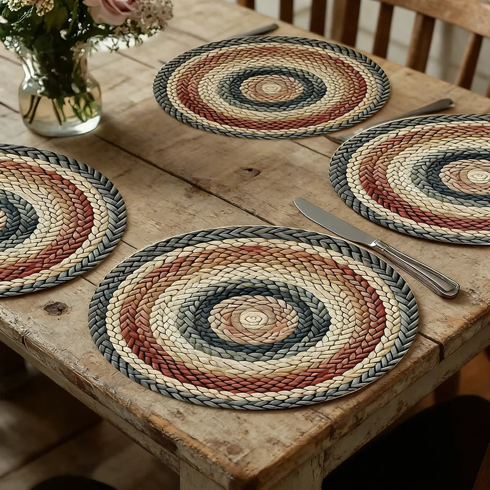 tapis table tissé artisanal spirale concentrique bleu marine beige rouge hiver noël rustique
