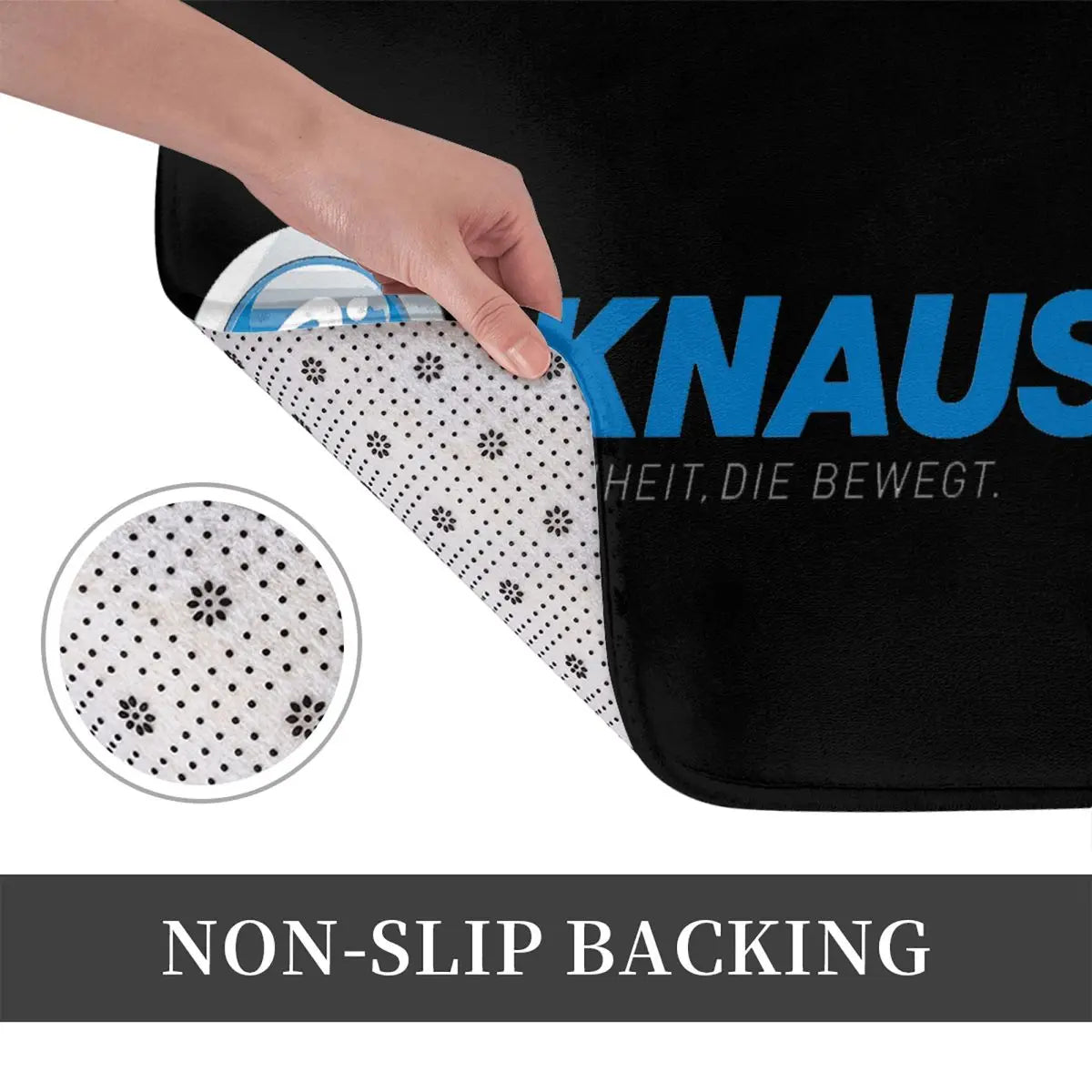 tapis sol imperméable antidérapant bleu noir logo knaus humains extérieur moderne