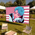 écran projection moderne drapeau américain personnage animé vert rose blanc bleu
