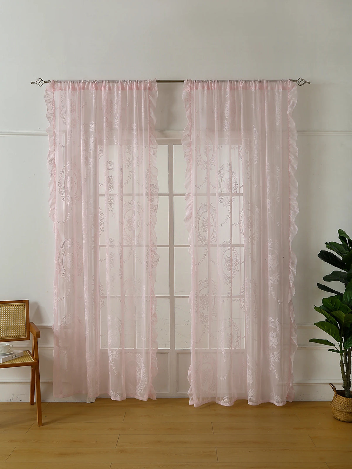 rideau rose broderie florale transparent classique salon chambre coucher décoration maison