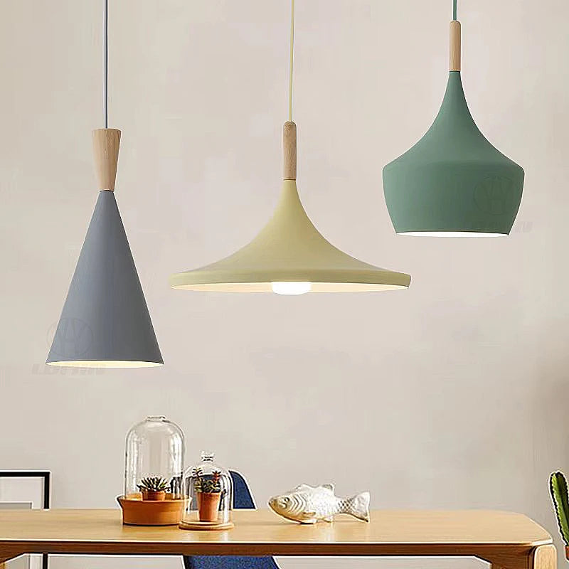 suspension lumineuse moderne conique aluminium bois salon table manger chambre