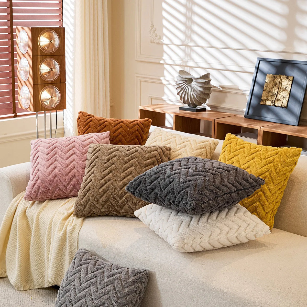 housses coussin polyester motif zigzag moderne rose beige gris jaune maison
