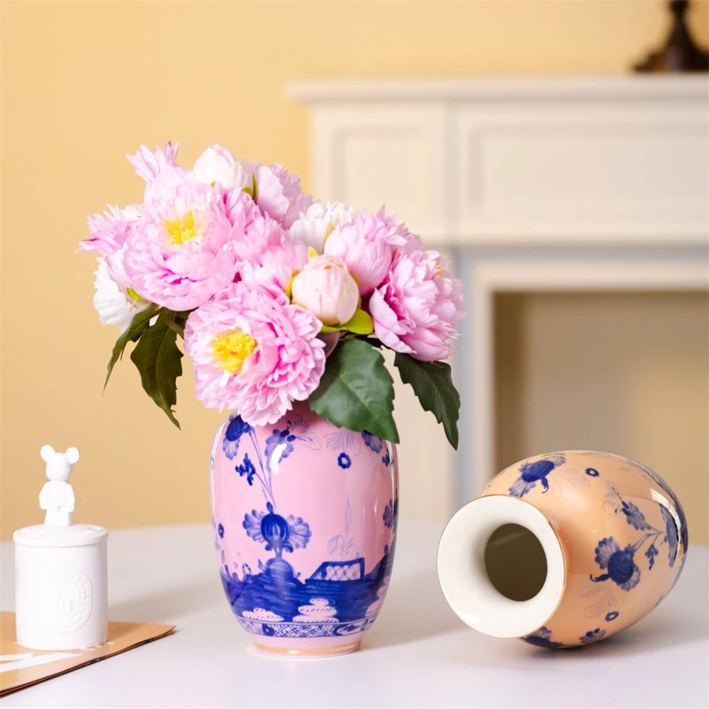 vase céramique motif floral bleu blanc décoration maison fleurs artificielles peonies rose violet