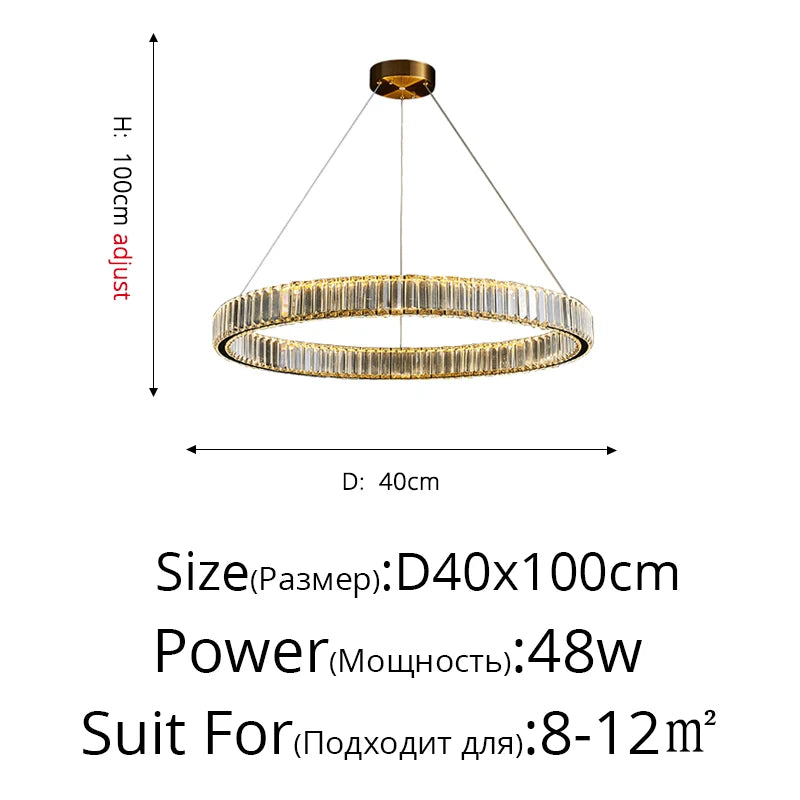 suspension lumineuse moderne or transparent cristaux led télécommande élégante salon chambre