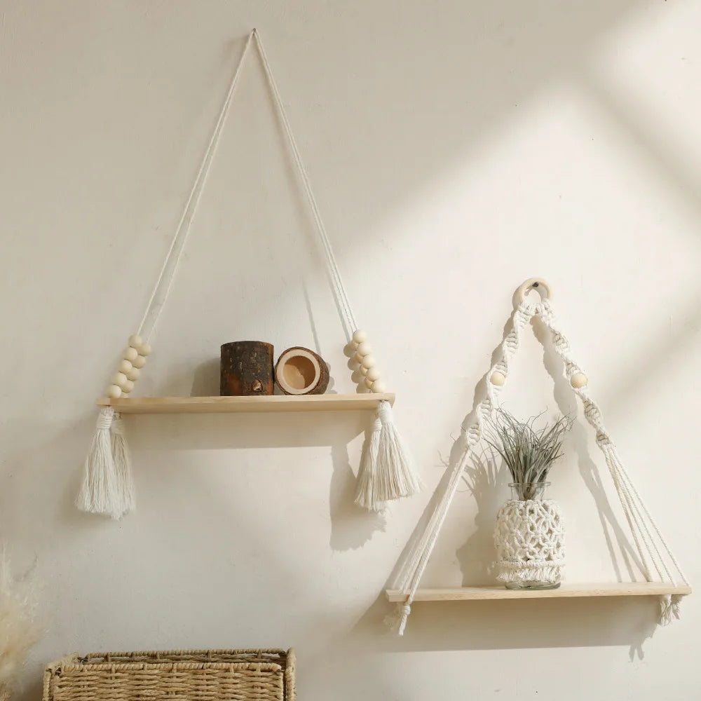 étagère suspendue boho corde tressée bois franges anneaux métal chambre salon bois naturel