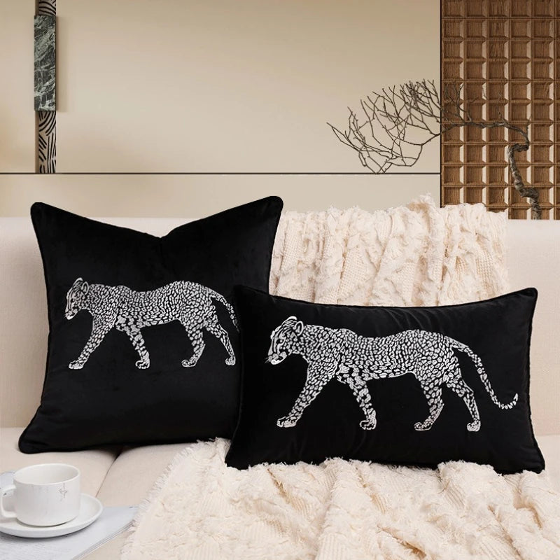 housse coussin brodée léopard velours élégante noir vert décorative maison voiture 45x45cm 30x50cm fixations