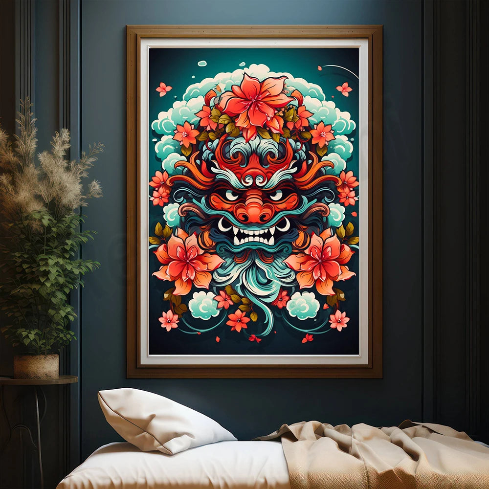 L'image présente une œuvre d'art colorée et détaillée montrant un masque de dragon traditionnel chinois entouré de fleurs tropicales rouges et orangées sur un fond sombre, créant une atmosphère à la fois décorative et mystique.