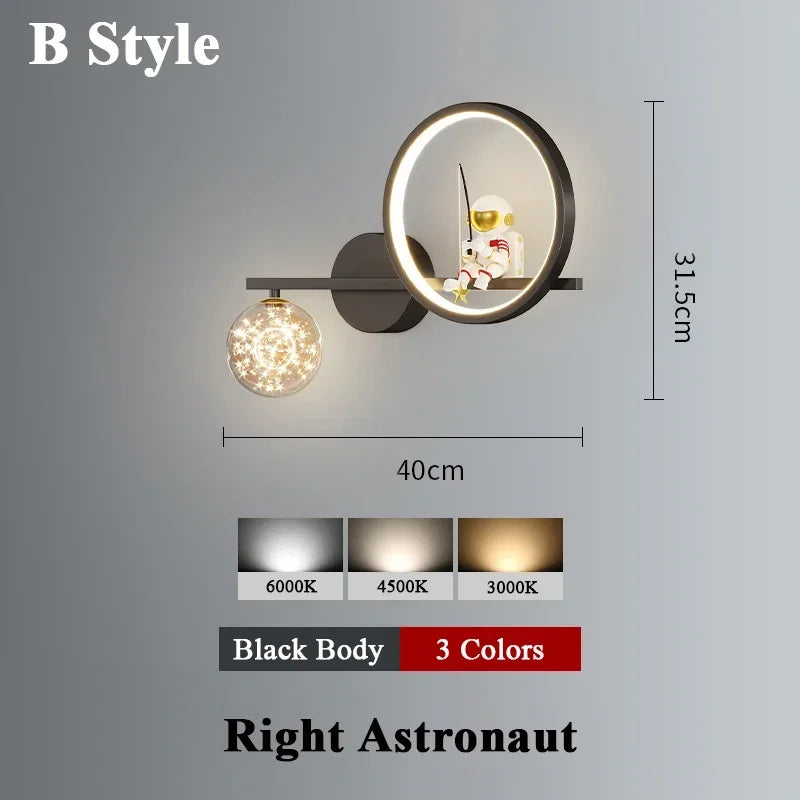 applique murale moderne astronaute étoile dorée noir blanc led chambre enfants