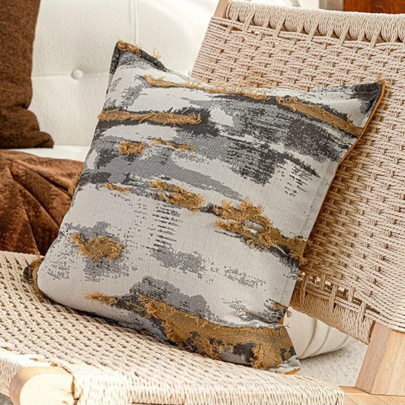 coussin carré brodé abstrait contemporain gris beige doré texture opaques décoration maison voiture 45x45cm