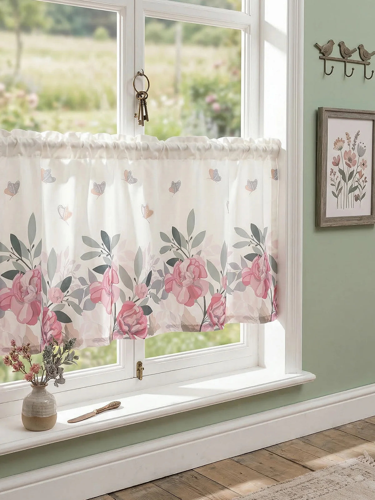 rideau imprimé floral blanc rose gris vert classique romantique bordure décorative polyester cuisine chambre