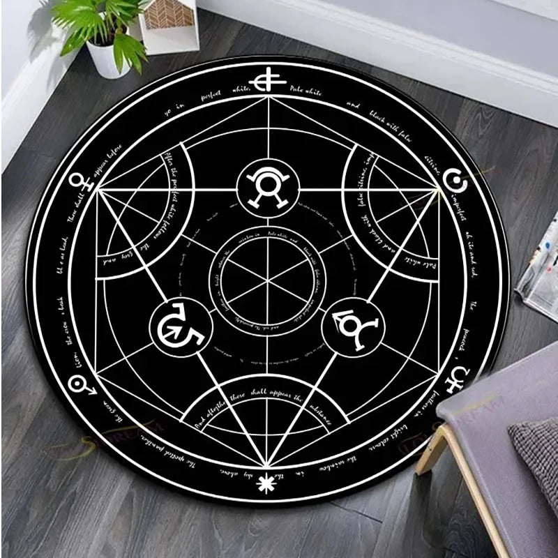 tapis rond décoratif mystique motif pentagramme géométrique moderne chambre enfant salon maison noir