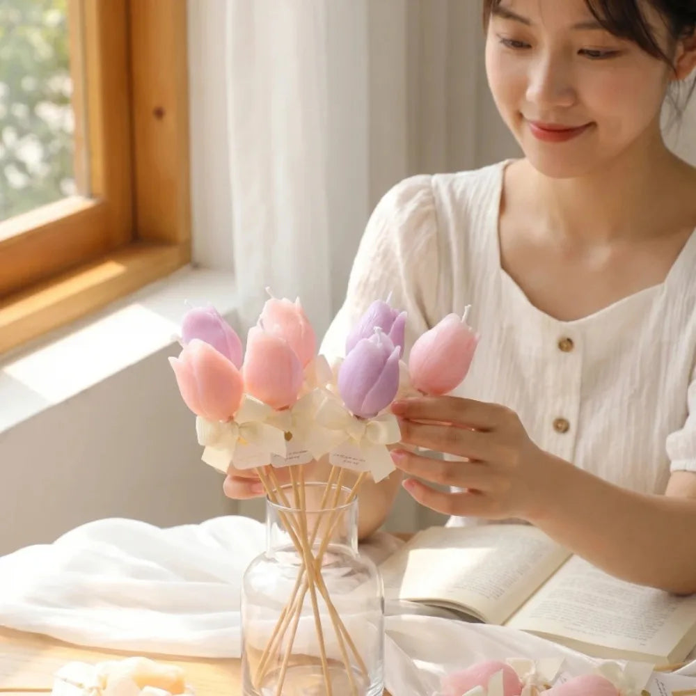 bougies parfumées forme tulipe motif floral 3d bouquet fleurs artificielles violet rose blanc