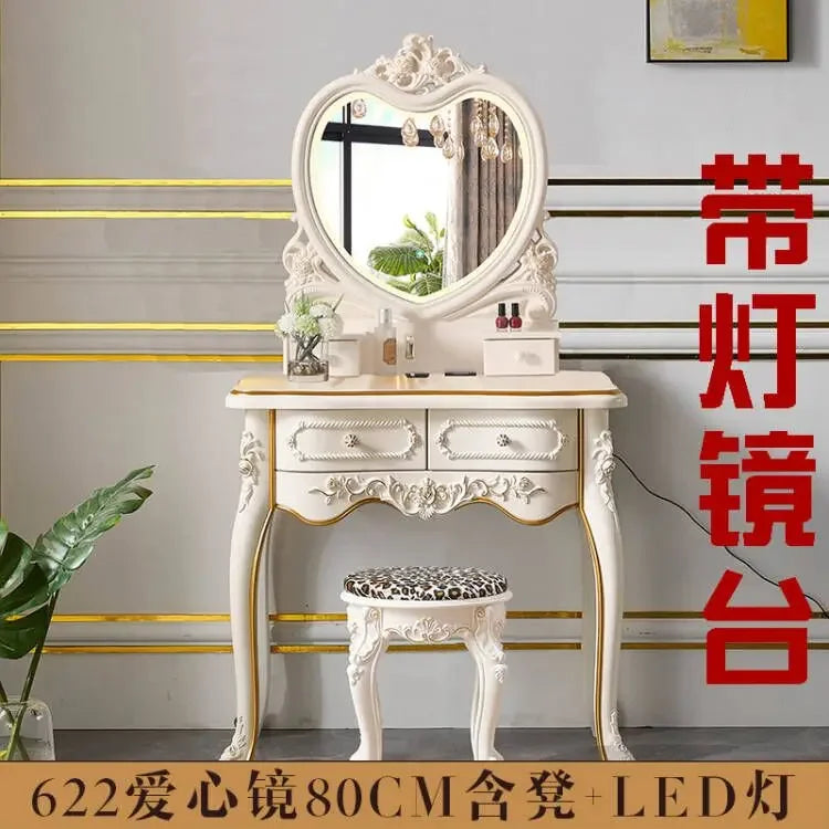 maquillage blanc ornements floraux six tiroirs grand miroir tabouret chambre classique