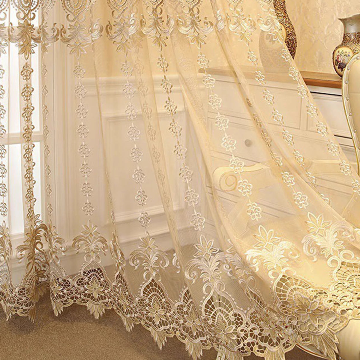 rideau brodé floral beige clair semi transparent classique polyesterextérieur chambre salon