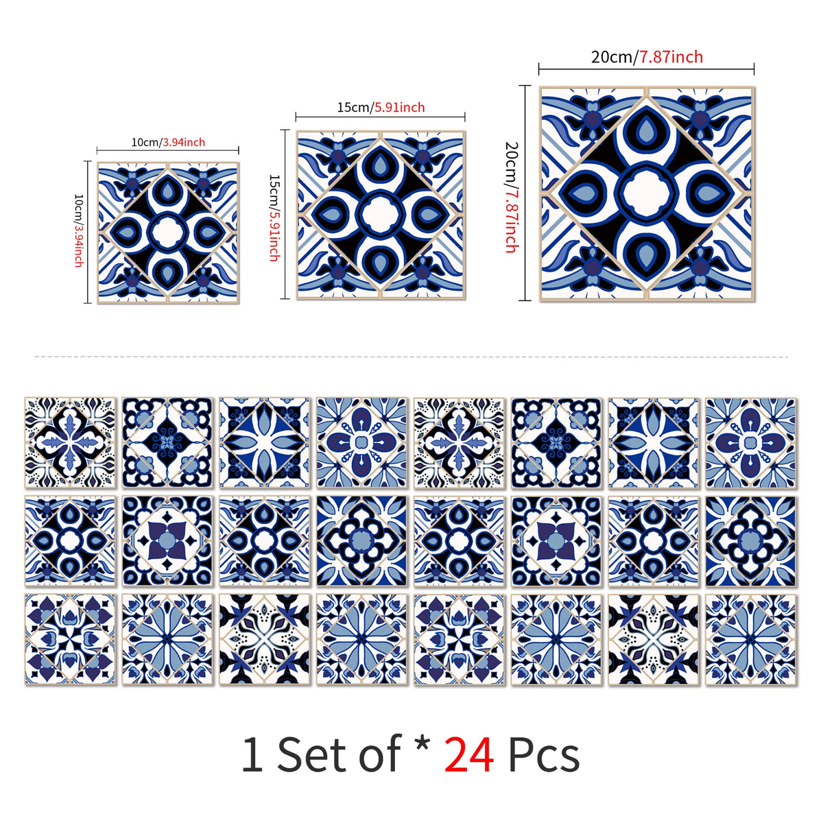 Stickers muraux bleu blanc motifs géométriques texture brillante artisanal 24 pièces 10x10cm