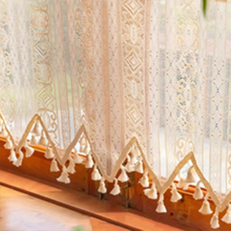 rideau polyester semi transparent beige dentelle géométrique vintage tassellets chambre salon cuisine