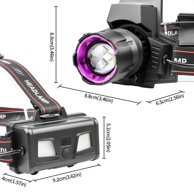 lampe frontale uv 395nm led rechargeable zoomable noir violet blanc