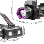 lampe frontale uv 395nm led rechargeable zoomable noir violet blanc