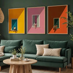 tableaux abstraits contemporains décoration murale chambre salon pièces géométriques colorées jaune rose orange bleu