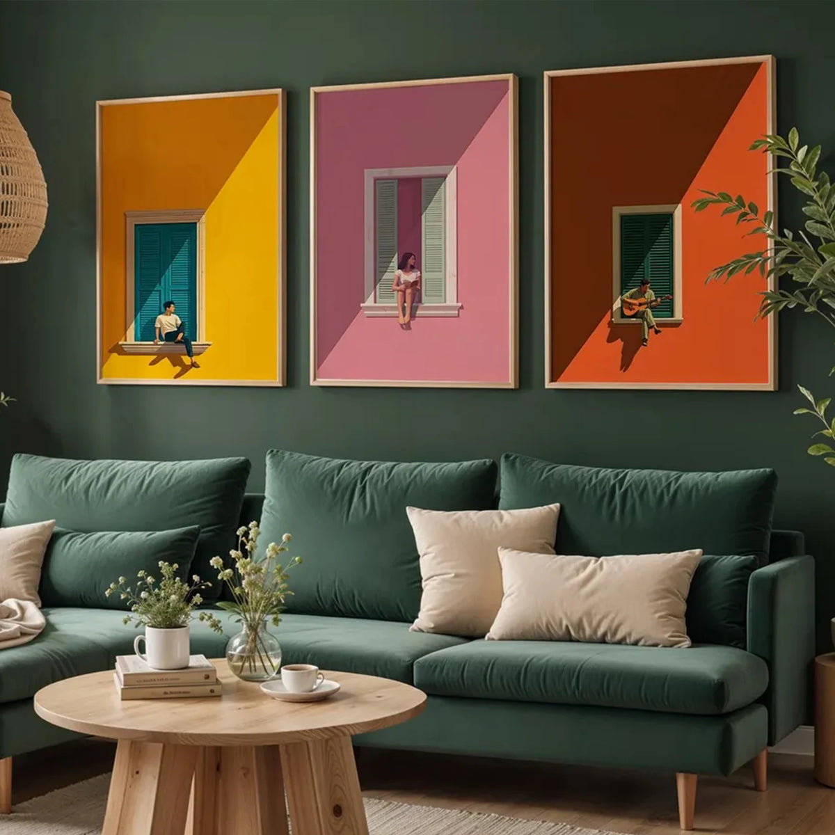 tableaux abstraits contemporains décoration murale chambre salon pièces géométriques colorées jaune rose orange bleu