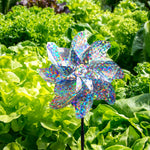 décor extérieur moderne moulin vent argent bleu jaune holographique 18cm 52cm piquet métallique jardin