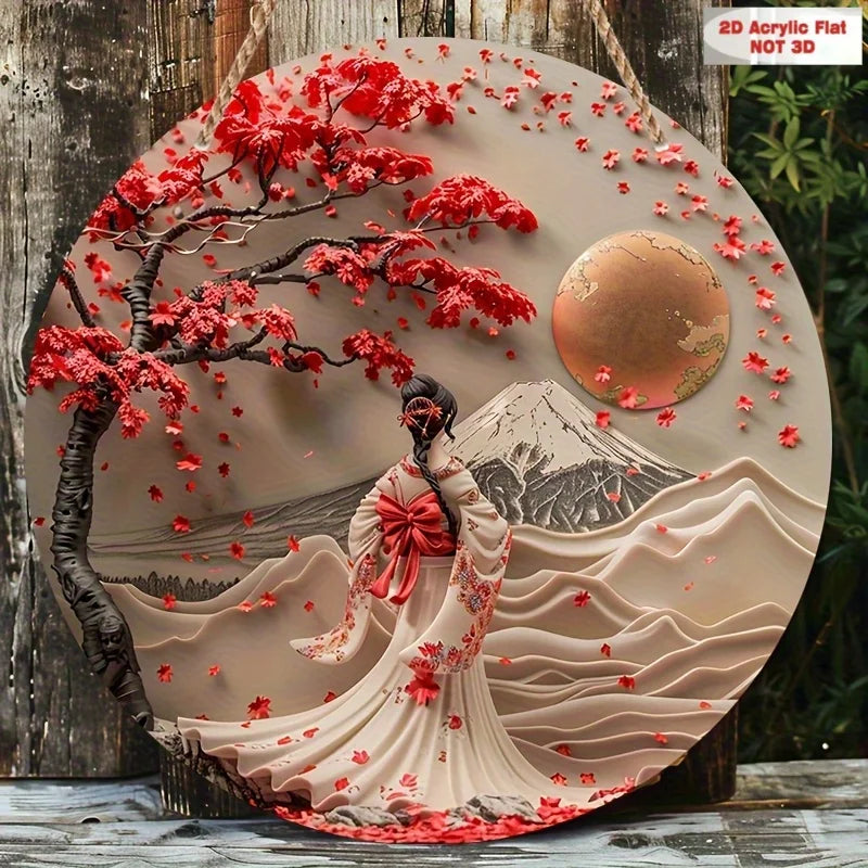 tableau mural japonais femme kimono fleurs rouge contemporain opaque cordelette 20cm 24cm 28cm 32cm