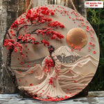 tableau mural japonais femme kimono fleurs rouge contemporain opaque cordelette 20cm 24cm 28cm 32cm