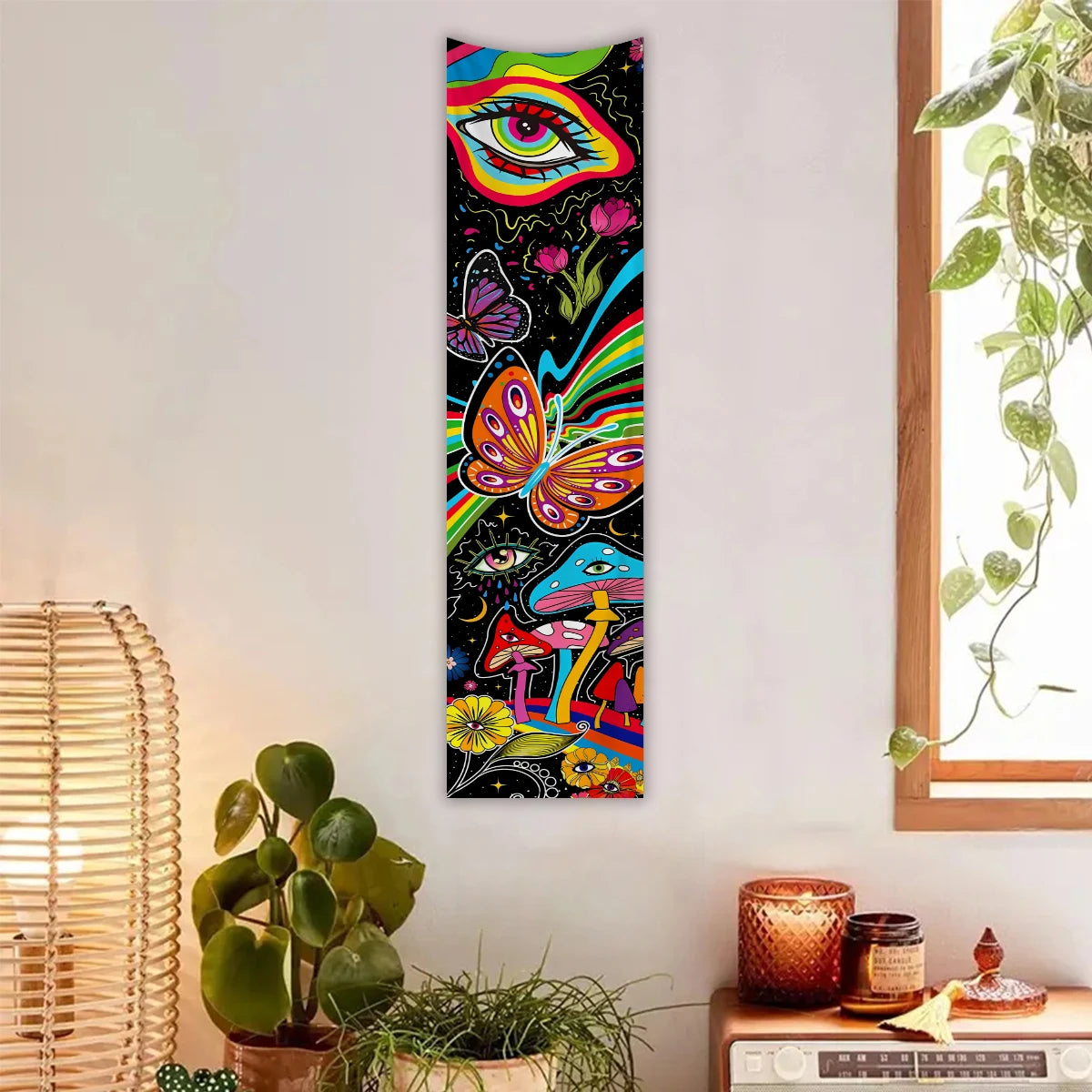 tapisserie moderne fantaisie crânes fleurs papillons oeil lune polyeste noir bleu rose