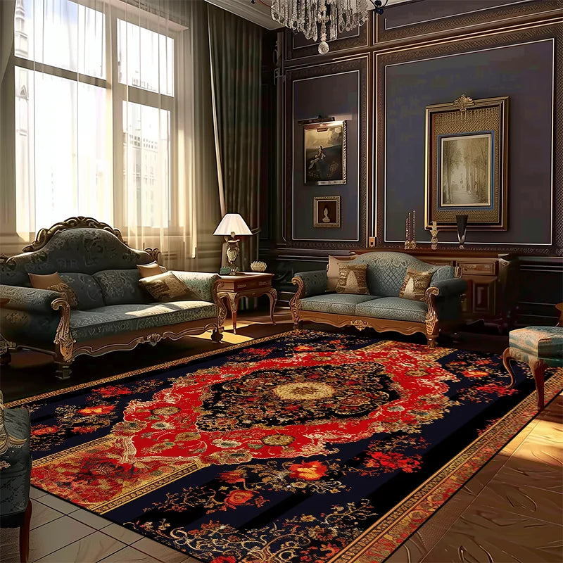 Cette image montre un intérieur de luxe avec des meubles anciens, des rideaux sombres et des tapis colorés au sol, créant une atmosphère élégante et raffinée.