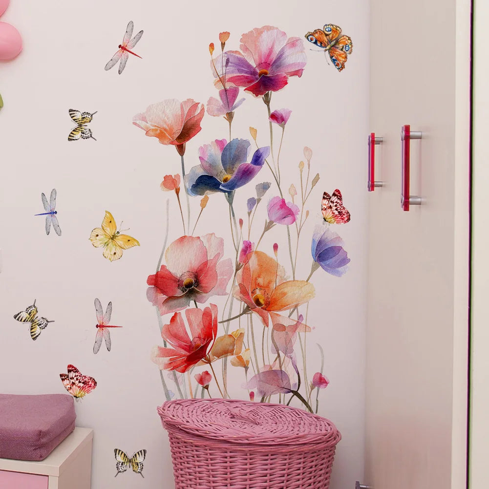 autocollant mural fleurs papillons aquarelle moderne floral résistant l'eau mur carrelage meubles 42cm 50cm