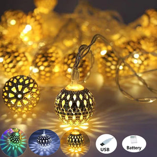 Guirlande lumineuse boule marocaine dorée LED à piles USB pour décoration intérieure chambre fête