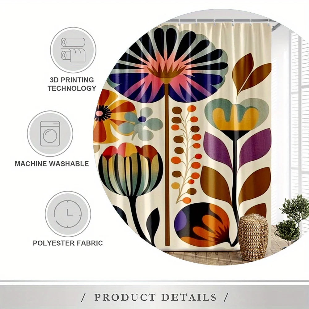 rideau douche floral vintage motifs abstraits couleurs vives polyester moderne 180x180cm anneaux métalliques