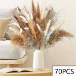 bouquet pampas séchés boho décoration intérieure beige crème marron clair fibres fines ruban vase
