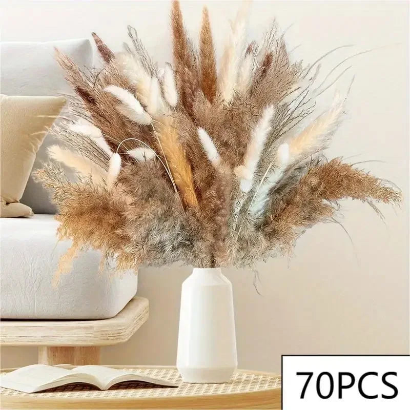 bouquet pampas séchés boho décoration intérieure beige crème marron clair fibres fines ruban vase