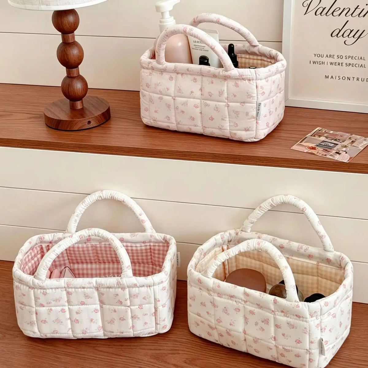 panier rangement matelassé floral rose blanc doux cosmétiques maquillage portable vintage