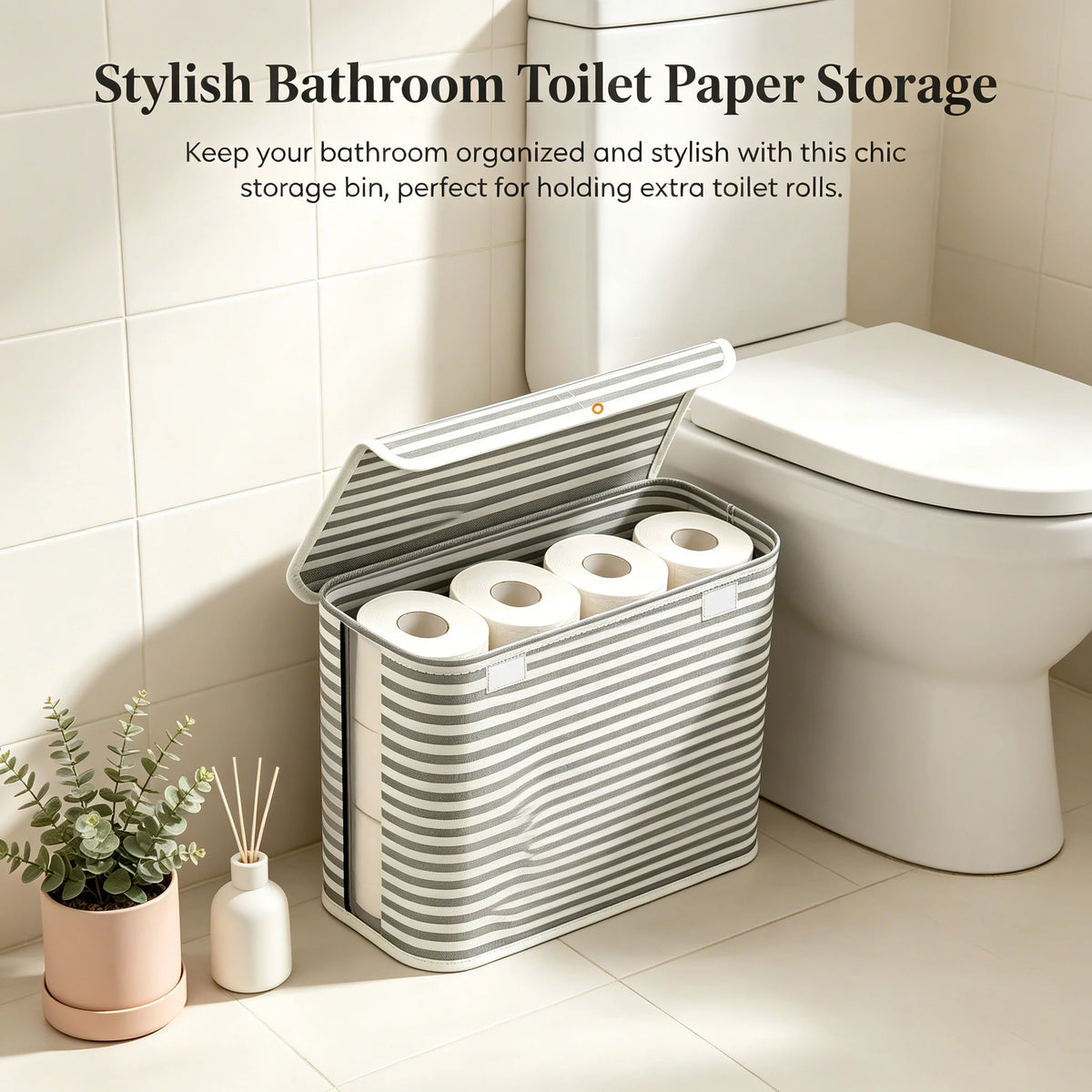 bac rouleaux papier toilette gris blanc rayures moderne minimaliste empilable toile métal 35x45x15cm