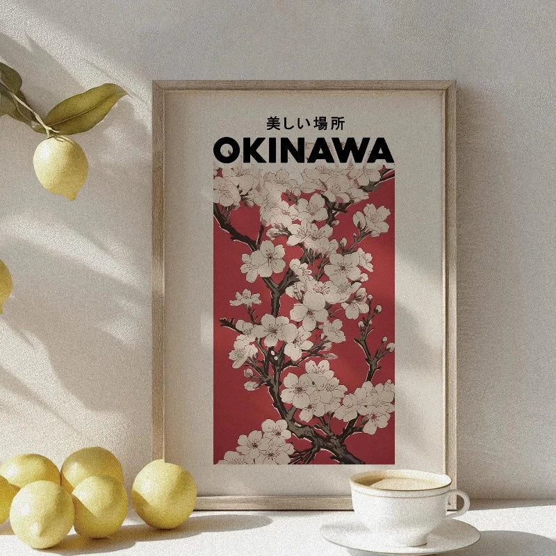 affiche toile fleur cerisier okinawa rouge blanche textes zen japonais vintage graphique chambre salon