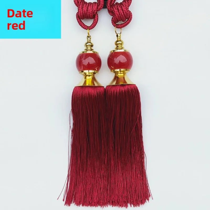 pompons rideau gris bleu jaune rouge classique anciens anneaux métalliques élégants ornement chambre salon