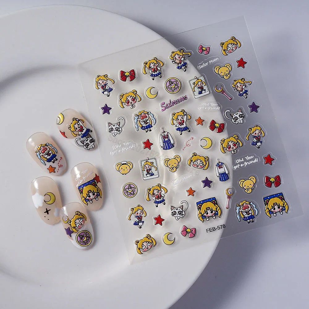 autocollants ongles relief dessins animés personnage Sailor Moon coiffure étoile lunettes accessoires transparentes cartoon