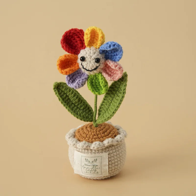fleurs tricotées multicolores pot décoration intérieure artisanale célébration anniversaire diplôme